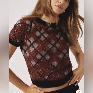 PILCRO Anthropologie Short-Sleeve Lattice wool Blend Sweater